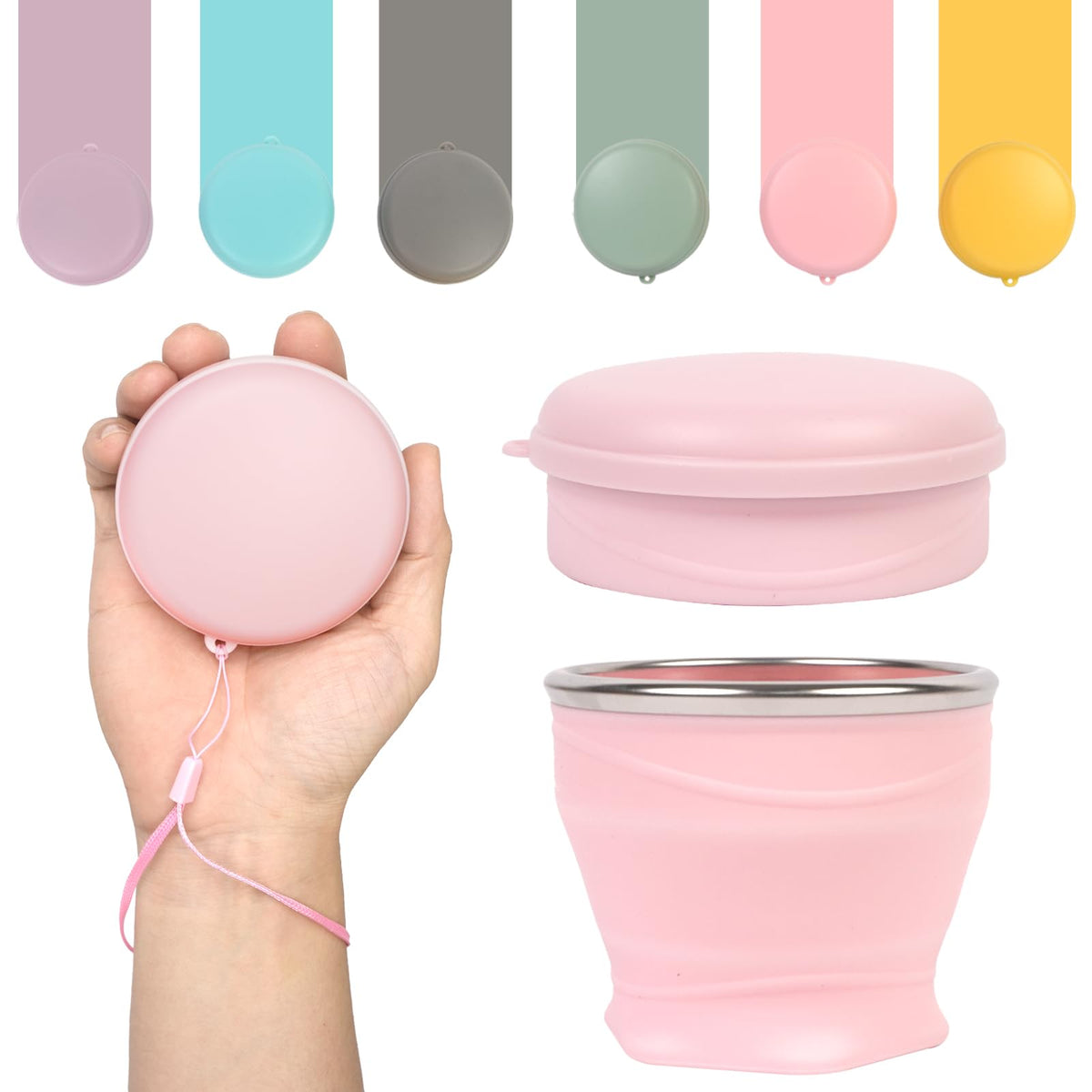 Collapsible Cup with Lid - 6oz Mini Silicone Folding Travel Cup with Steel Rim - BPA Free Small Portable Pocket Cup for Camping, Hiking, Kids, Mouthwash & Pills (Creamy yellow)