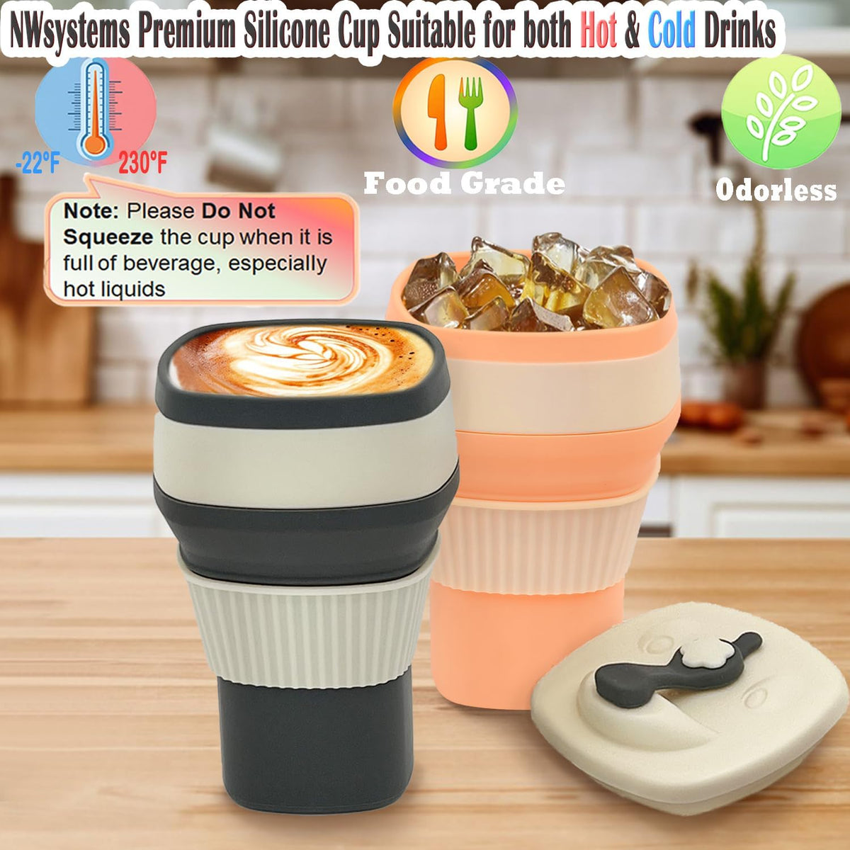 Collapsible Silicone Cup, Safe & Portable, for Hot & Cold Drinks, 18.6 oz (550 ml) - Travel, Camping, Office, and More - Cool Grey