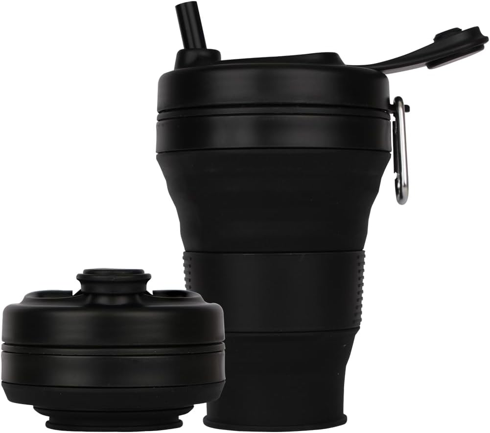 Silicone Coffee Cup with Straw lid Collapsible Cups for Traveling 20oz Lightweight Folding Water Mug for Picnic Hicking Camping Climbing (Black)