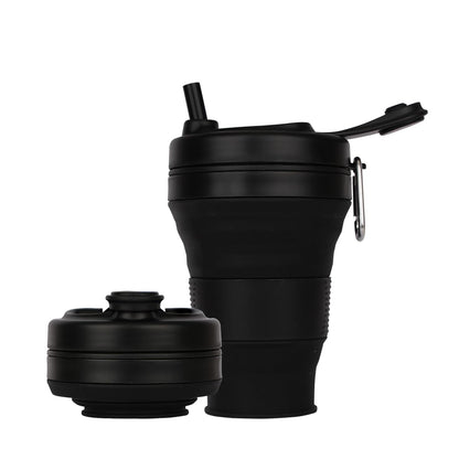 Silicone Coffee Cup with Straw lid Collapsible Cups for Traveling 20oz Lightweight Folding Water Mug for Picnic Hicking Camping Climbing (Black)