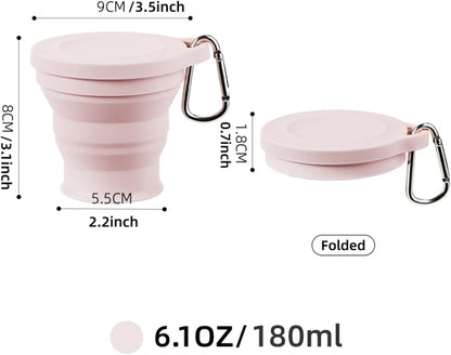 Reusable Foldable Silicone Water Cup, Portable Picnic Snacks Cup, Pocket Size Travel Cup Extensible, Collapsible Cups with Lid for Camping, Travel (Pink with Hook)