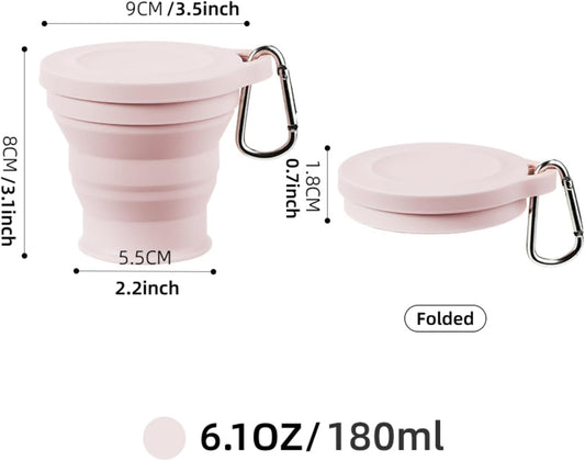 Reusable Foldable Silicone Water Cup, Portable Picnic Snacks Cup, Pocket Size Travel Cup Extensible, Collapsible Cups with Lid for Camping, Travel (Pink with Hook)
