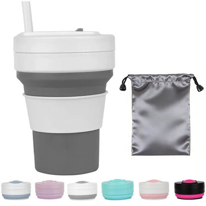 12 OZ Collapsible Travel Cup with Lid,Silicone Foldable Drinking Cup for Camping Hiking,Portable Silicone Water Bottle for Hot and Cold Beverages with Straw- Grey & White(Including Bag)