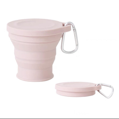 Reusable Foldable Silicone Water Cup, Portable Picnic Snacks Cup, Pocket Size Travel Cup Extensible, Collapsible Cups with Lid for Camping, Travel (Pink with Hook)