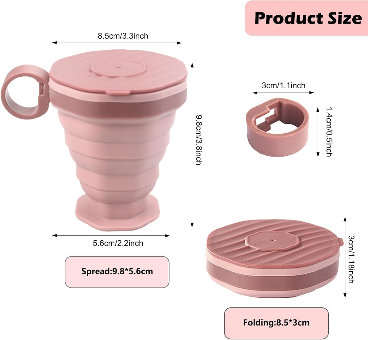 Pack of 2 foldable silicone cups, foldable travel cups with plastic lids, reusable portable cup set suitable for camping and hiking
