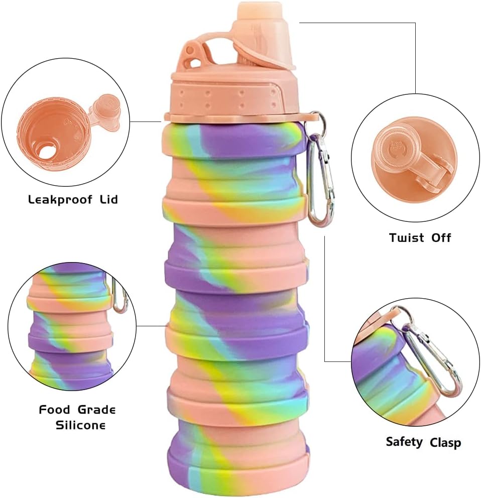 Collapsible Water Bottles 4 pack 500ML (Black+Purple+Blue+Pink)
