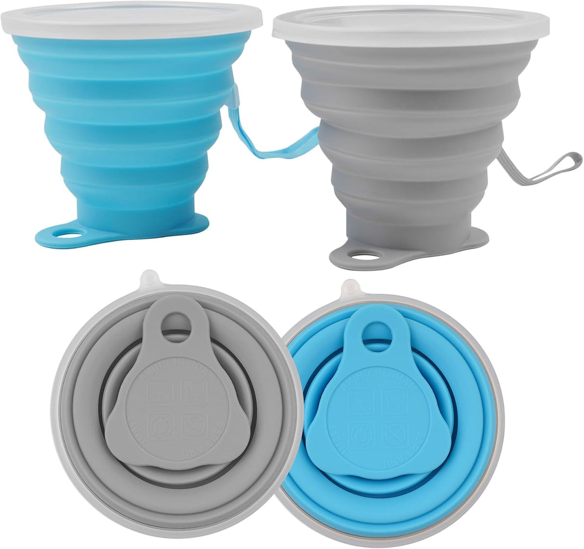 2 Pack Collapsible Silicone Travel Cups with Lids Portable Folding Camping Cups (Grey & Blue)