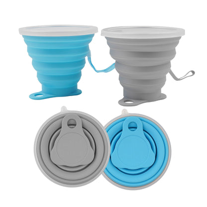 2 Pack Collapsible Silicone Travel Cups with Lids Portable Folding Camping Cups (Grey & Blue)