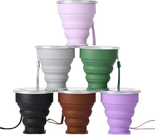 Silicone Collapsible Travel Water Cup 200ml, 6Pack Collapsible Silicone Cup with Lid, Expandable Drinking Cup Set, Reusable Mug for Camping, Hiking, Travel