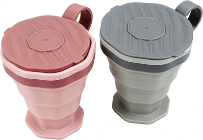 Pack of 2 foldable silicone cups, foldable travel cups with plastic lids, reusable portable cup set suitable for camping and hiking