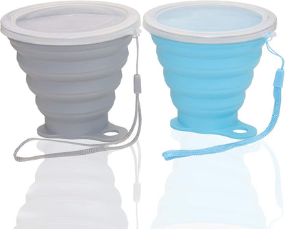 Nanaborn Silicone Collapsible Cups for Camping Travel, Small Portable Drinking Cup with Lids Reusable for Outdoor Hiking 270ml (Blue/Gray, 2 Pack)