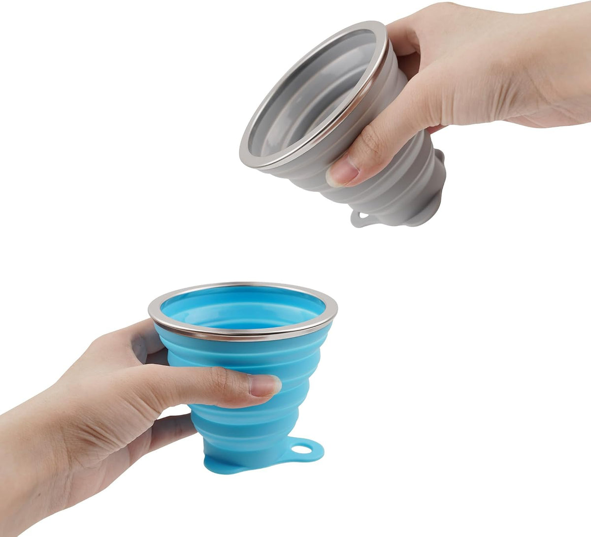 2 Pack Collapsible Silicone Travel Cups with Lids Portable Folding Camping Cups (Grey & Blue)