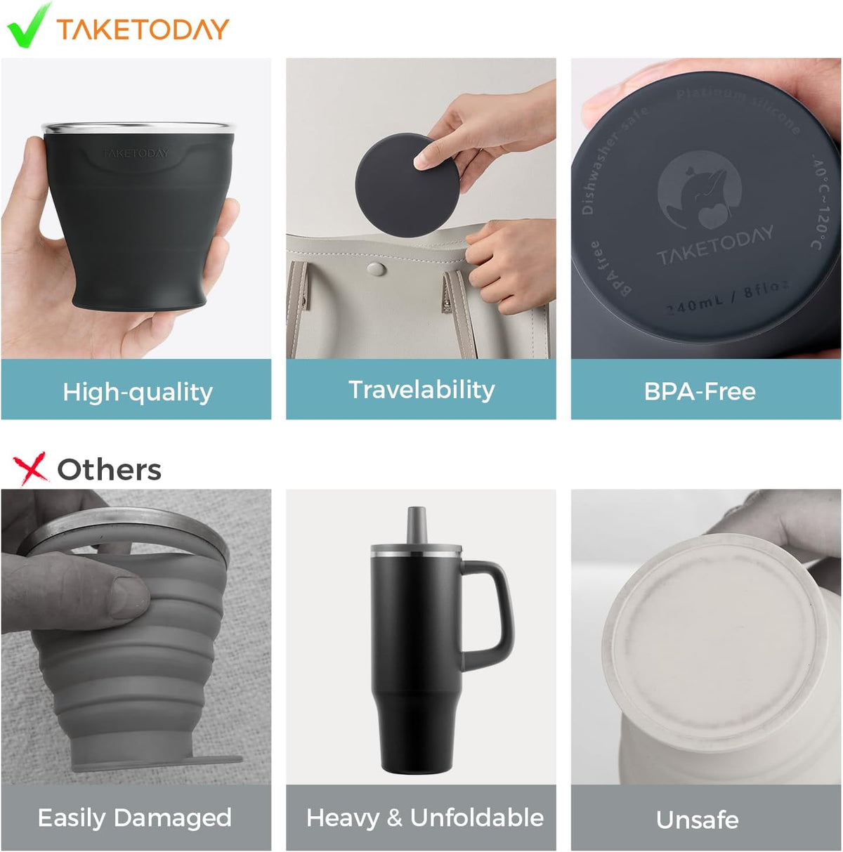 TakeToday Collapsible Cup 8 oz, Foldable with Lid for Travel, Charcoal