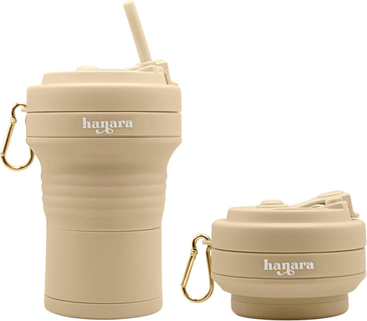 HANARA Collapsible Cup with Reusable Straw – 18 Oz (550 Ml), Portable Travel Mug, BPA-Free, Leak-Proof, Microwave & Dishwasher Safe, Multi-Purpose for Hot & Cold Drinks – Beige