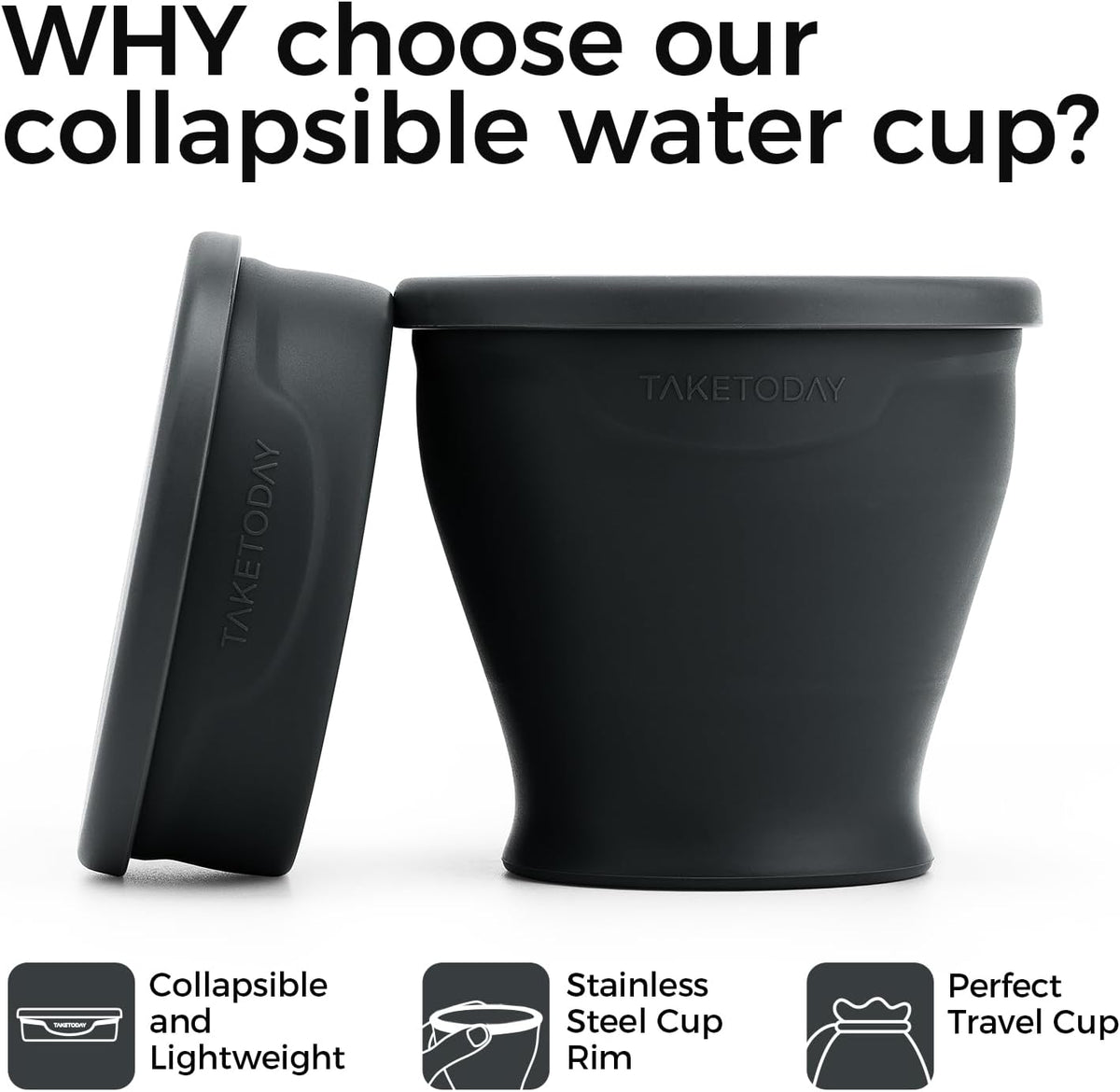 TakeToday Collapsible Cup 8 oz, Foldable with Lid for Travel, Charcoal