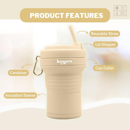 HANARA Collapsible Cup with Reusable Straw – 18 Oz (550 Ml), Portable Travel Mug, BPA-Free, Leak-Proof, Microwave & Dishwasher Safe, Multi-Purpose for Hot & Cold Drinks – Beige