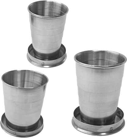3 Sizes 304 Stainless Steel Collapsible Travel Cups with Lids, 75/150/250ml Portable Folding Shot Glasses Telescopic Drinking Mugs Keychain Reusable Metal Camping Hiking Picnic Outdoor