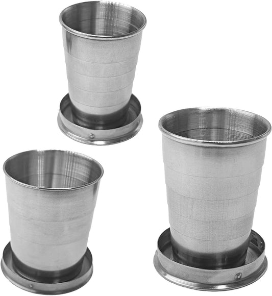 3 Sizes 304 Stainless Steel Collapsible Travel Cups with Lids, 75/150/250ml Portable Folding Shot Glasses Telescopic Drinking Mugs Keychain Reusable Metal Camping Hiking Picnic Outdoor