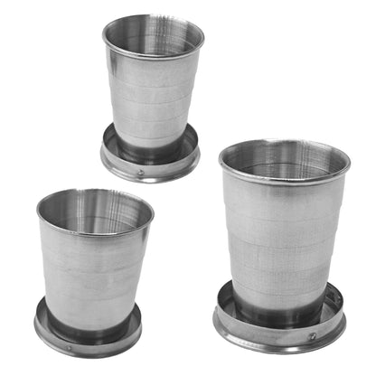 3 Sizes 304 Stainless Steel Collapsible Travel Cups with Lids, 75/150/250ml Portable Folding Shot Glasses Telescopic Drinking Mugs Keychain Reusable Metal Camping Hiking Picnic Outdoor