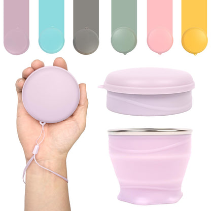 Collapsible Cup with Lid - 6oz Mini Silicone Folding Travel Cup with Steel Rim - BPA Free Small Portable Pocket Cup for Camping, Hiking, Kids, Mouthwash & Pills (Creamy yellow)