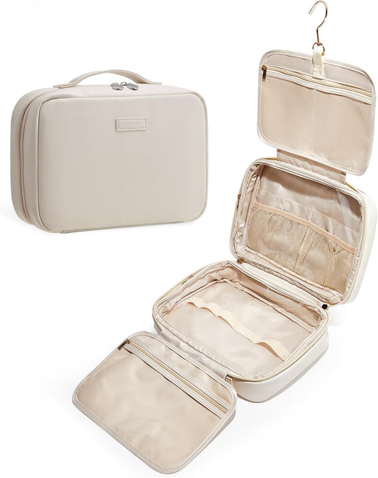 EACHY Toiletry Bag with Hanging Hook, Travel Makeup Bag PU Leather Cosmetic Bags for Women Make Up Organizer with 4 Compartments Waterproof Full-Size Portable Travel Essentials (Beige)