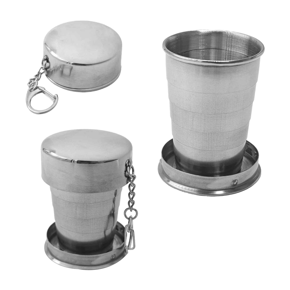 3 Sizes 304 Stainless Steel Collapsible Travel Cups with Lids, 75/150/250ml Portable Folding Shot Glasses Telescopic Drinking Mugs Keychain Reusable Metal Camping Hiking Picnic Outdoor