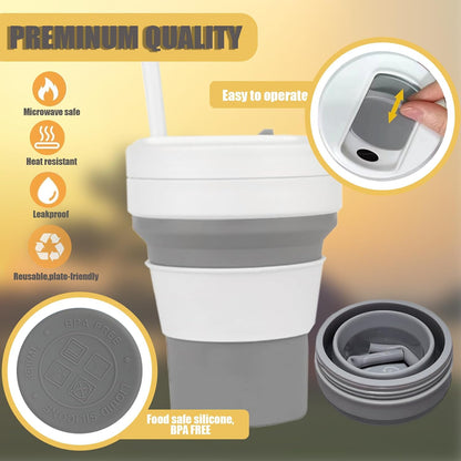 12 OZ Collapsible Travel Cup with Lid,Silicone Foldable Drinking Cup for Camping Hiking,Portable Silicone Water Bottle for Hot and Cold Beverages with Straw- Grey & White(Including Bag)