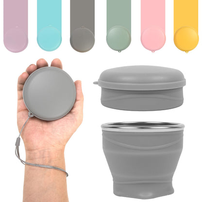 Collapsible Cup with Lid - 6oz Mini Silicone Folding Travel Cup with Steel Rim - BPA Free Small Portable Pocket Cup for Camping, Hiking, Kids, Mouthwash & Pills (Creamy yellow)