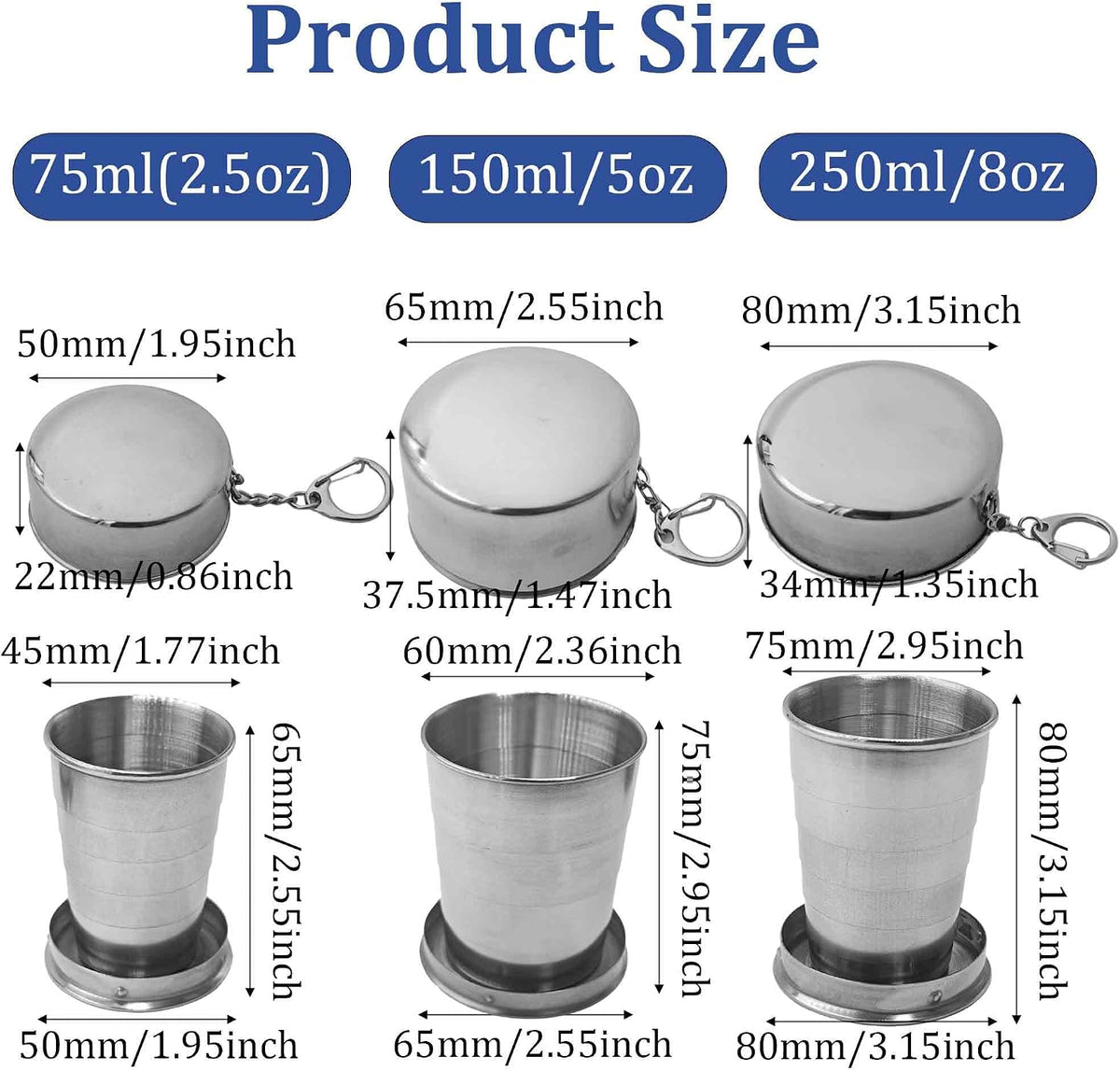 3 Sizes 304 Stainless Steel Collapsible Travel Cups with Lids, 75/150/250ml Portable Folding Shot Glasses Telescopic Drinking Mugs Keychain Reusable Metal Camping Hiking Picnic Outdoor