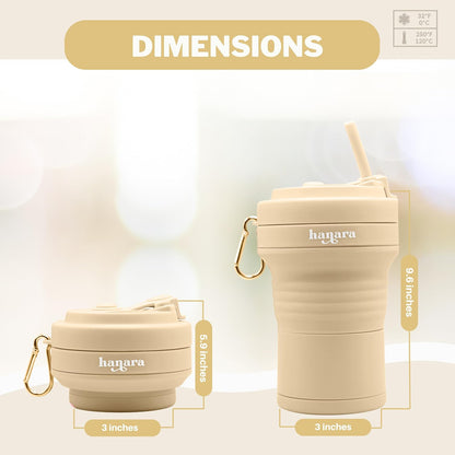 HANARA Collapsible Cup with Reusable Straw – 18 Oz (550 Ml), Portable Travel Mug, BPA-Free, Leak-Proof, Microwave & Dishwasher Safe, Multi-Purpose for Hot & Cold Drinks – Beige