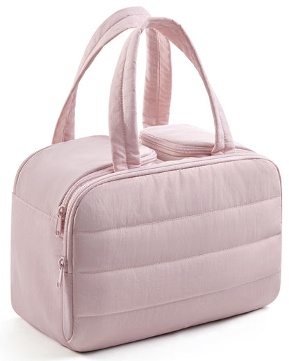 LIGHT FLIGHT Travel Toiletry Bag, Quilted Travel Makeup Cosmetic Bag Organizer, Toiletry Bags for Traveling Women, Make up Bag with Handle, Dark Pink