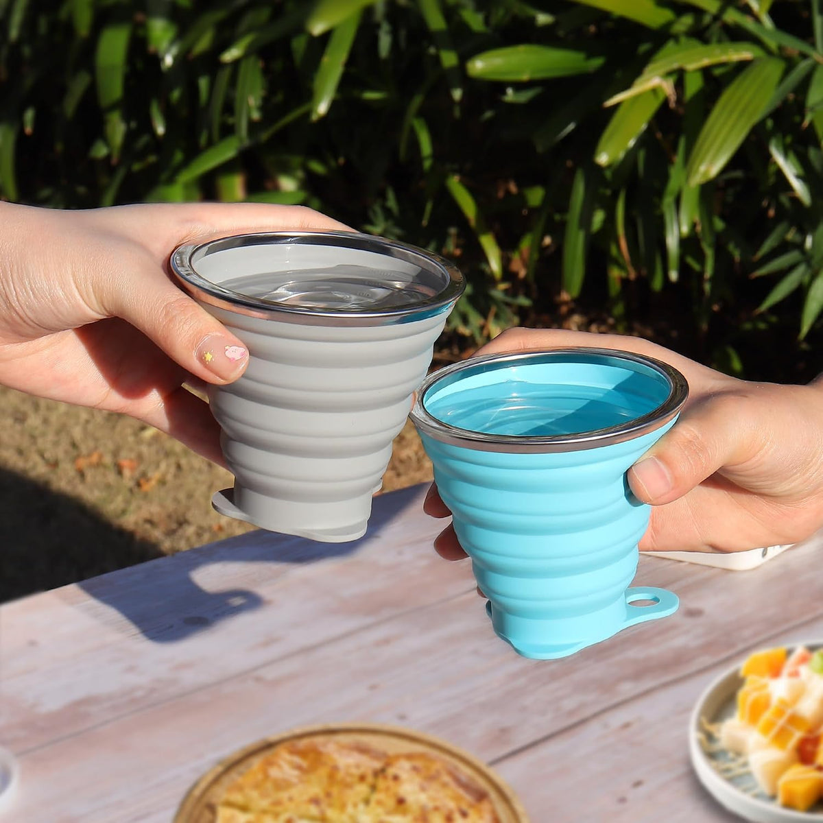 Nanaborn Silicone Collapsible Cups for Camping Travel, Small Portable Drinking Cup with Lids Reusable for Outdoor Hiking 270ml (Blue/Gray, 2 Pack)
