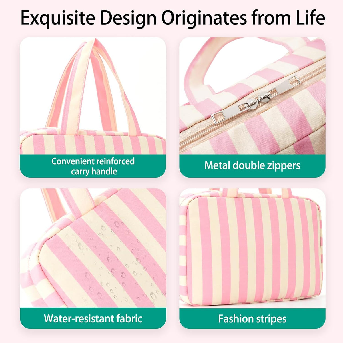 Toiletry Bag for Women Travel Water-resistant Cosmetic Bag Fashion Stripes Makeup Bag with Hanging Hook Preppy for Store Toiletries Cosmetic Accessories Medium Pink