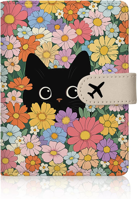 Passport Holder for Travel - Flowers Black Cat Passports Cover Wallet Case for Travel, PU Leather, RFID Passport Holder for Women Men, Passports Book Holders with Magnetic Closure