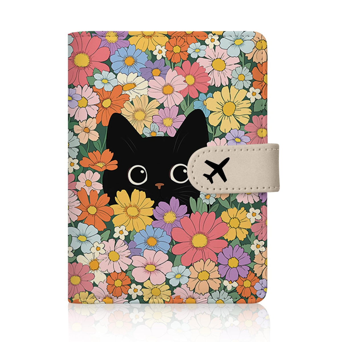 Passport Holder for Travel - Flowers Black Cat Passports Cover Wallet Case for Travel, PU Leather, RFID Passport Holder for Women Men, Passports Book Holders with Magnetic Closure