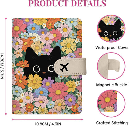 Passport Holder for Travel - Flowers Black Cat Passports Cover Wallet Case for Travel, PU Leather, RFID Passport Holder for Women Men, Passports Book Holders with Magnetic Closure