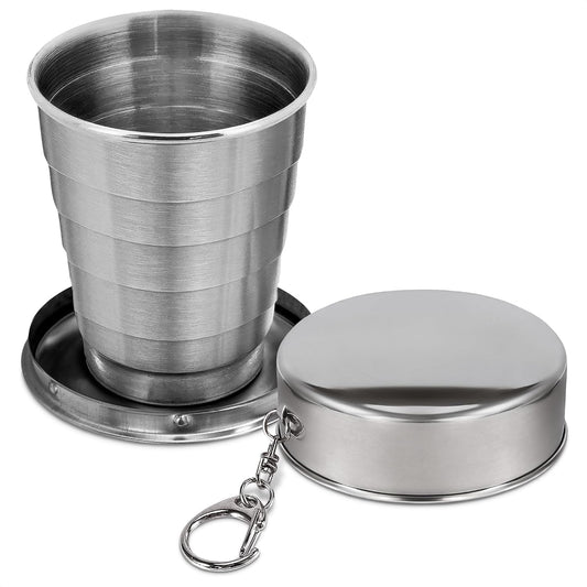 Collapsible Travel Cup with Lid 2.5Oz (75ml) - Leak-Proof Сollapsible Shot Glass Keychain, Highly Portable, Made of Rust & Bend Resistant Stainless Steel - Foldable Cup for Traveling, Fishing, Camping