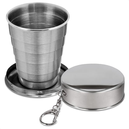 Collapsible Travel Cup with Lid 2.5Oz (75ml) - Leak-Proof Сollapsible Shot Glass Keychain, Highly Portable, Made of Rust & Bend Resistant Stainless Steel - Foldable Cup for Traveling, Fishing, Camping