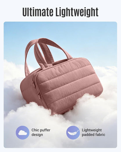 LIGHT FLIGHT Travel Toiletry Bag, Quilted Travel Makeup Cosmetic Bag Organizer, Toiletry Bags for Traveling Women, Make up Bag with Handle, Dark Pink