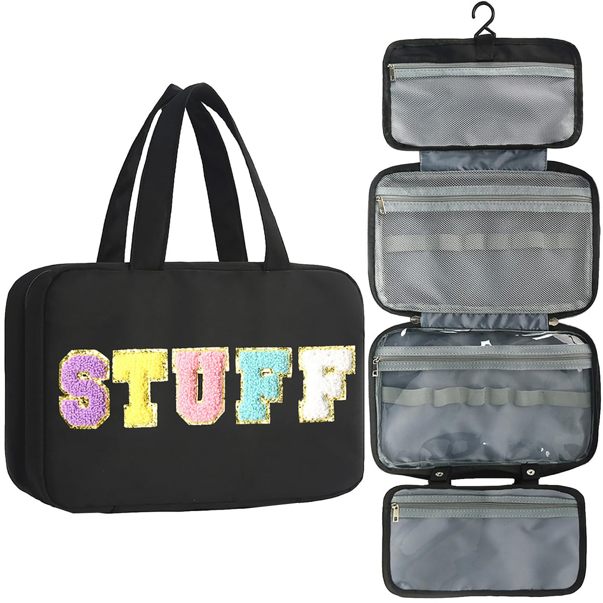 Toiletry Bag for Women Travel Water-resistant Cosmetic Bag Fashion Stripes Makeup Bag with Hanging Hook Preppy for Store Toiletries Cosmetic Accessories Medium Pink