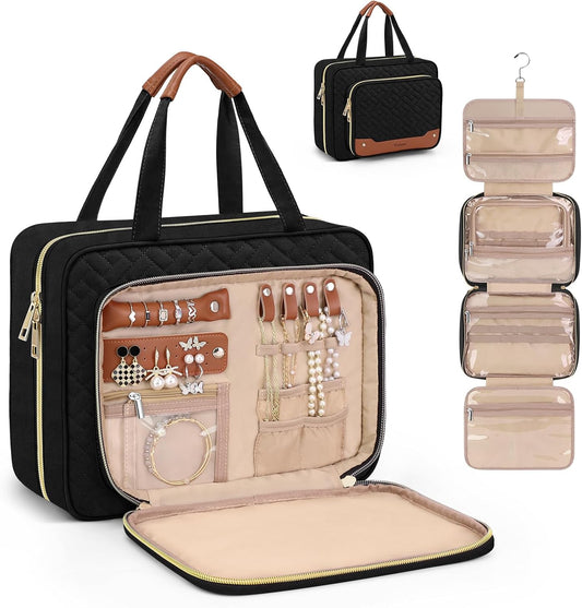 Wedama Toiletry Bag for Women, Hanging Travel Toiletry Bag with Jewelry Organizer Compartment Large Makeup Bag, PVC Waterproof Cosmetic Travel Bag for Travel Business Trips Camping Bathroom, Black
