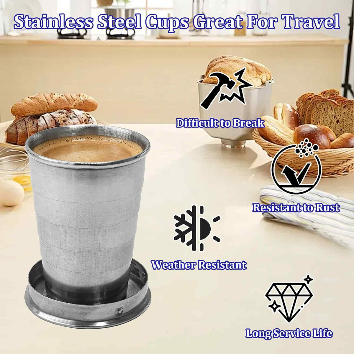 3 Sizes 304 Stainless Steel Collapsible Travel Cups with Lids, 75/150/250ml Portable Folding Shot Glasses Telescopic Drinking Mugs Keychain Reusable Metal Camping Hiking Picnic Outdoor