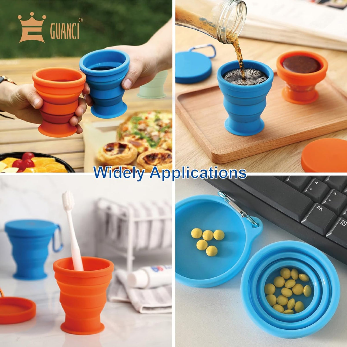 GUANCI Silicone Collapsible Travel Cup Set Silicone Folding Camping Cup with Lids Foldable Drinking Cup Sets Portable Dishwasher Safe for Outdoor Hiking Travel Sport