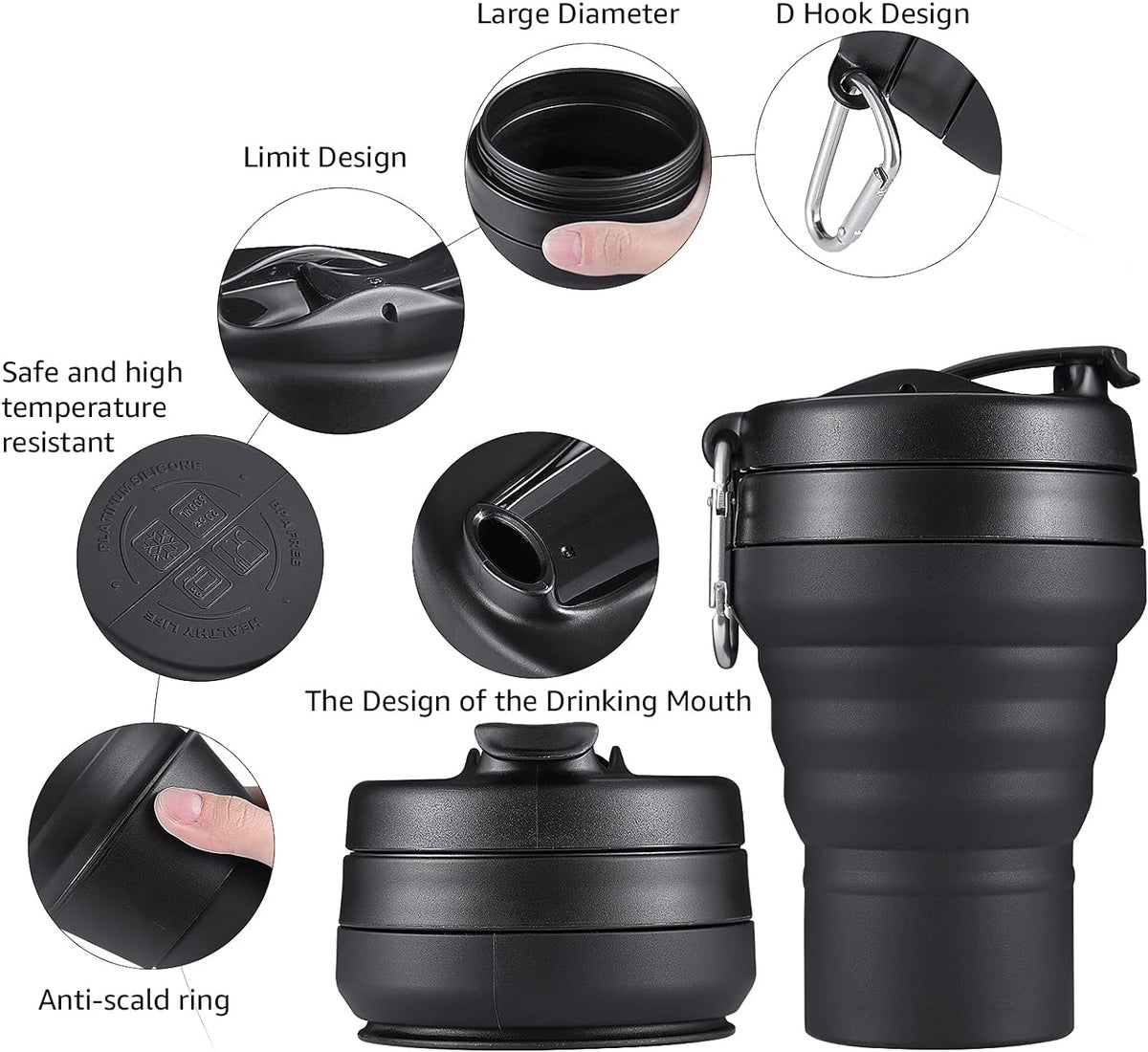 Collapsible Cup for Traveling, 20 OZ 600ml Large Silicone Folding Camping Mug, Leak Proof BPA Free Portable Reusable Bottle for Coffee, Tea, Water, Camping, Hiking, Outdoor (Black)