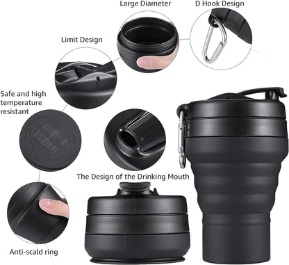 Collapsible Cup for Traveling, 20 OZ 600ml Large Silicone Folding Camping Mug, Leak Proof BPA Free Portable Reusable Bottle for Coffee, Tea, Water, Camping, Hiking, Outdoor (Black)