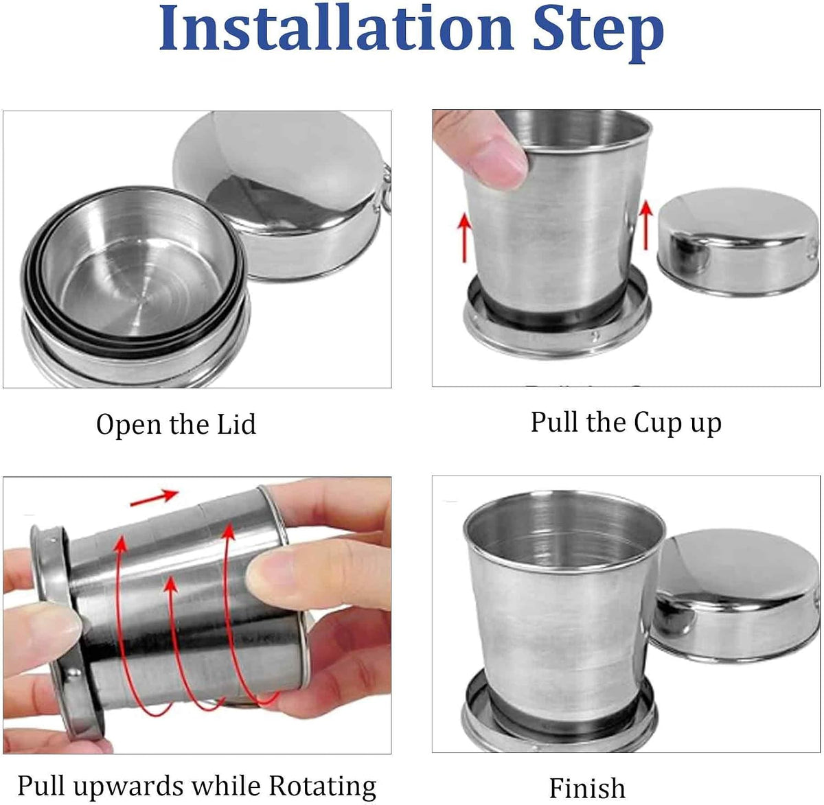 3 Sizes 304 Stainless Steel Collapsible Travel Cups with Lids, 75/150/250ml Portable Folding Shot Glasses Telescopic Drinking Mugs Keychain Reusable Metal Camping Hiking Picnic Outdoor