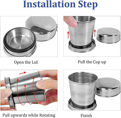 3 Sizes 304 Stainless Steel Collapsible Travel Cups with Lids, 75/150/250ml Portable Folding Shot Glasses Telescopic Drinking Mugs Keychain Reusable Metal Camping Hiking Picnic Outdoor