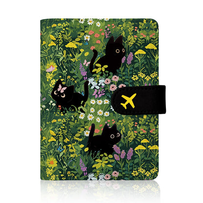 Passport Holder for Travel - Flowers Black Cat Passports Cover Wallet Case for Travel, PU Leather, RFID Passport Holder for Women Men, Passports Book Holders with Magnetic Closure