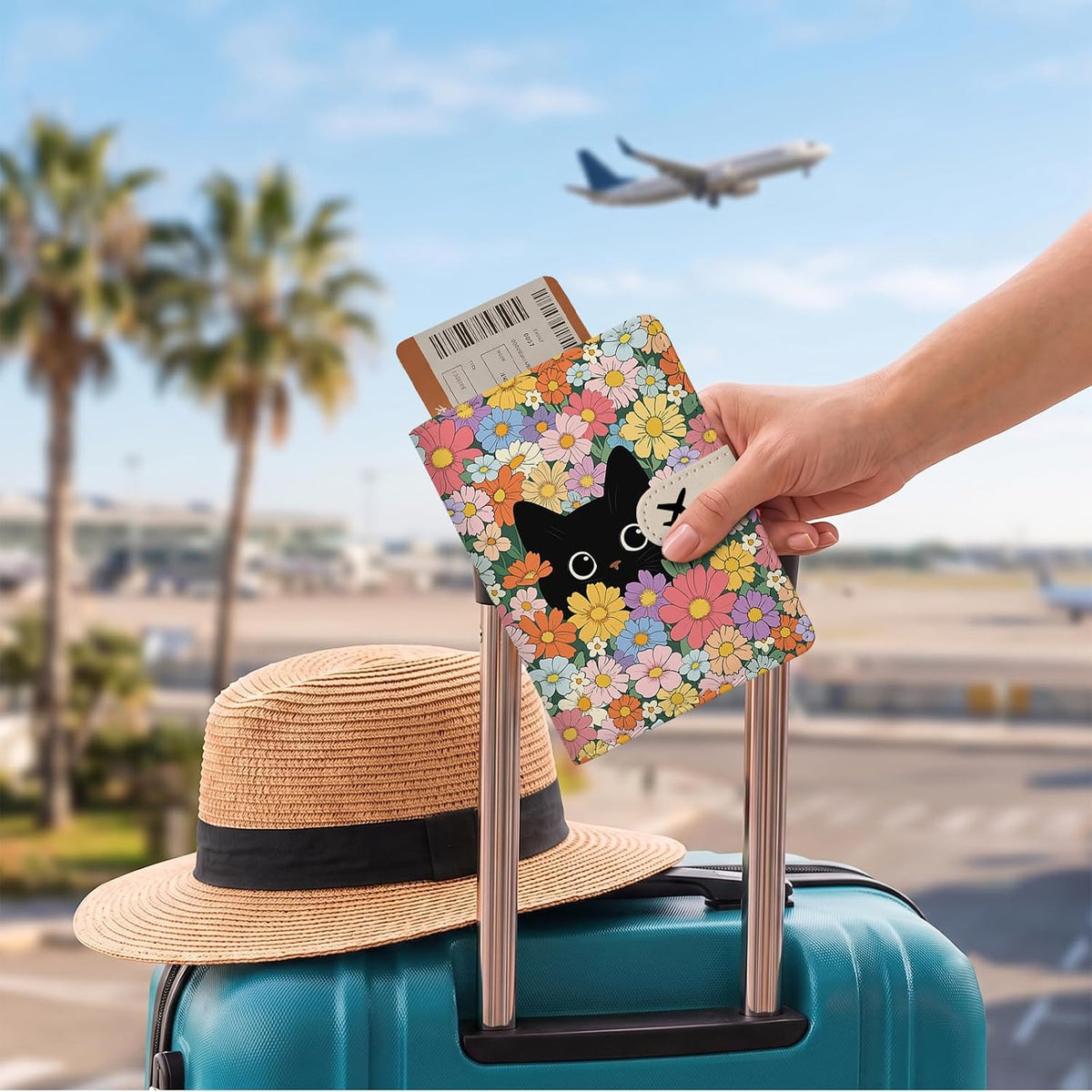 Passport Holder for Travel - Flowers Black Cat Passports Cover Wallet Case for Travel, PU Leather, RFID Passport Holder for Women Men, Passports Book Holders with Magnetic Closure