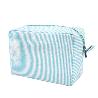 GFU Makeup Bag for Women, Cute Cosmetic Bag, Lightweight Toiletry Make up Bag, Large Seersucker Aesthetic Organizer Storage Pouch for Girls, Women and Moms Gifts, Blue
